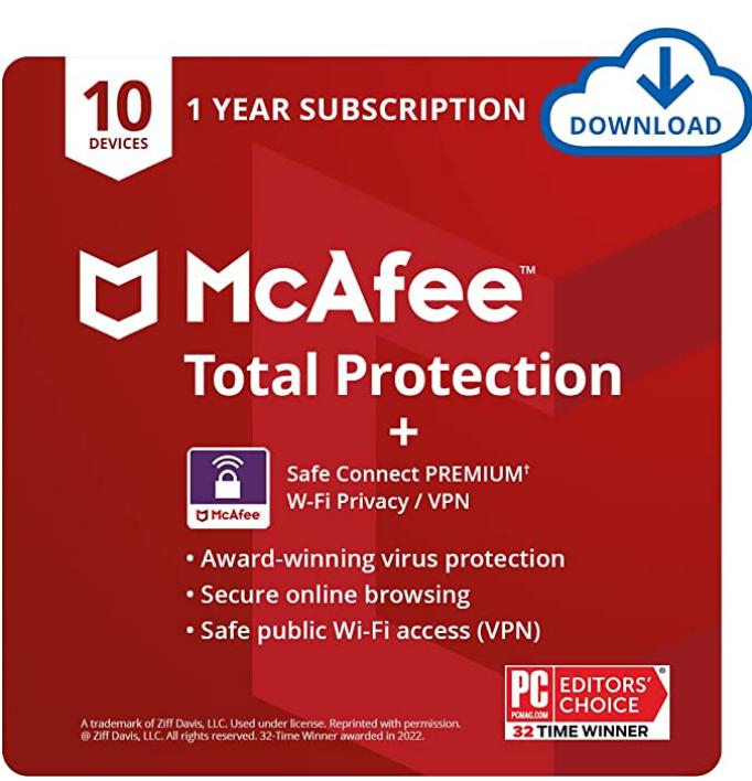 SALE UP TO 73% McAfee Total Protection with Safe Connect VPN 2022 | 10 Device | Antivirus Internet Security Software, VPN, Password Manager, Parental Control, Privacy, 1 Year, Download Code