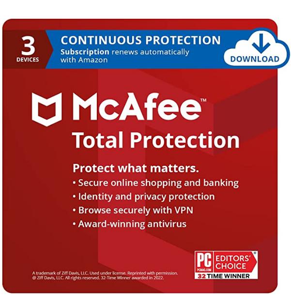 McAfee Total Protection 2022 | 3 Device | Antivirus Internet Security Software | VPN, Password Manager & Dark Web Monitoring Included | PC/Mac/Android/iOS | 1 Year with Auto Renewal – Amazon Exclusive Subscription